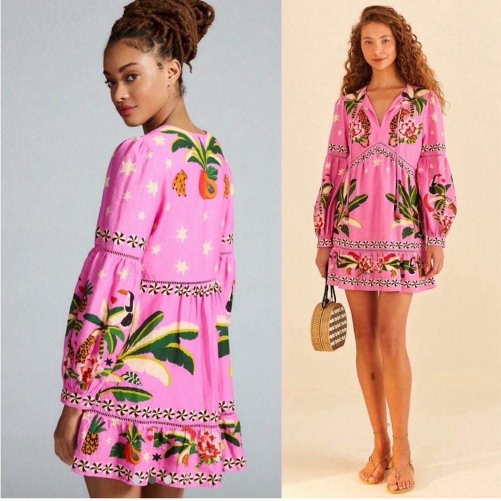 FARM RIO Pink Tropical Leopard Pineapple Toucan Linen Balloon Sleeve Mini Dress